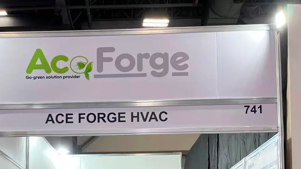 ACE FORGE HVAC booth 741 at AHR Expo México 2025, with the Ac Forge banner and product posters
