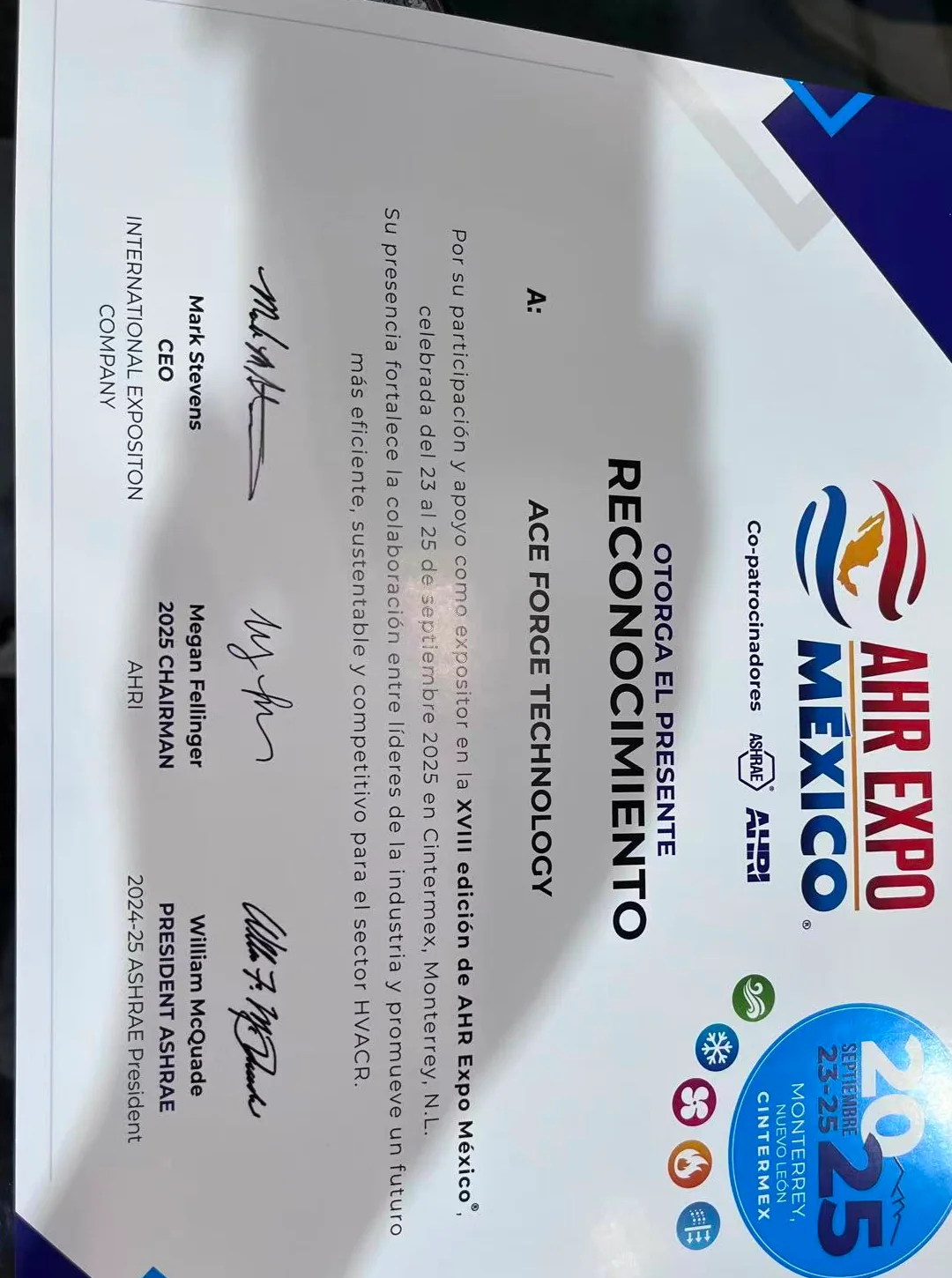 Recognition certificate from AHR Expo México 2025 awarded to ACE FORGE TECHNOLOGY for exhibiting at the 18th edition