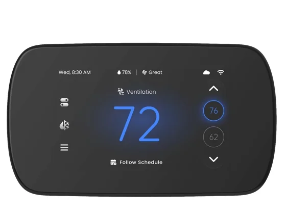 Black touchscreen thermostat showing 72°F with ventilation mode, schedule status and humidity reading