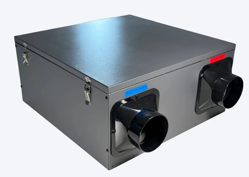 ERV/HRV unit with a grey metal cabinet, two round duct ports and a latched access panel
