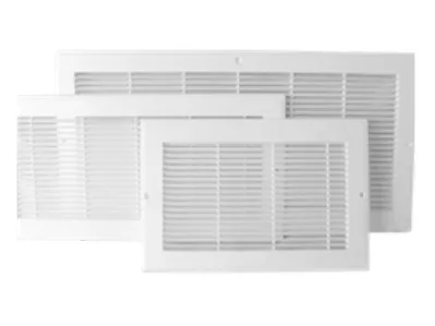 Three white return grilles in different sizes, produced from custom tooling
