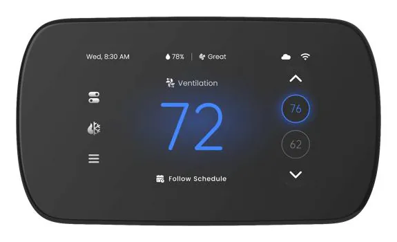 AFT533D smart Wi-Fi thermostat, 4.3 inch colour touchscreen showing temperature, ventilation and humidity